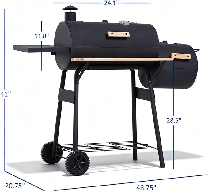 Portable Charcoal Grill with Foldable Side Shelf & Bottom Shelf, BBQ Smoker with Wheels and Adjustable Lid Vents for Picnic, Camping, Backyard Cooking (48.75" x 20.75" x 41")