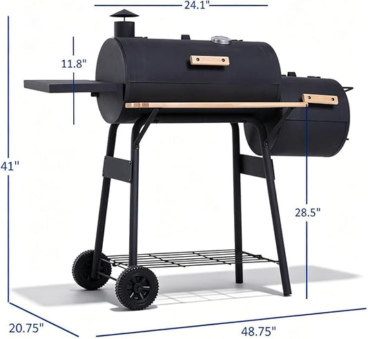 Portable Charcoal Grill with Foldable Side Shelf & Bottom Shelf, BBQ Smoker with Wheels and Adjustable Lid Vents for Picnic, Camping, Backyard Cooking (48.75" x 20.75" x 41")