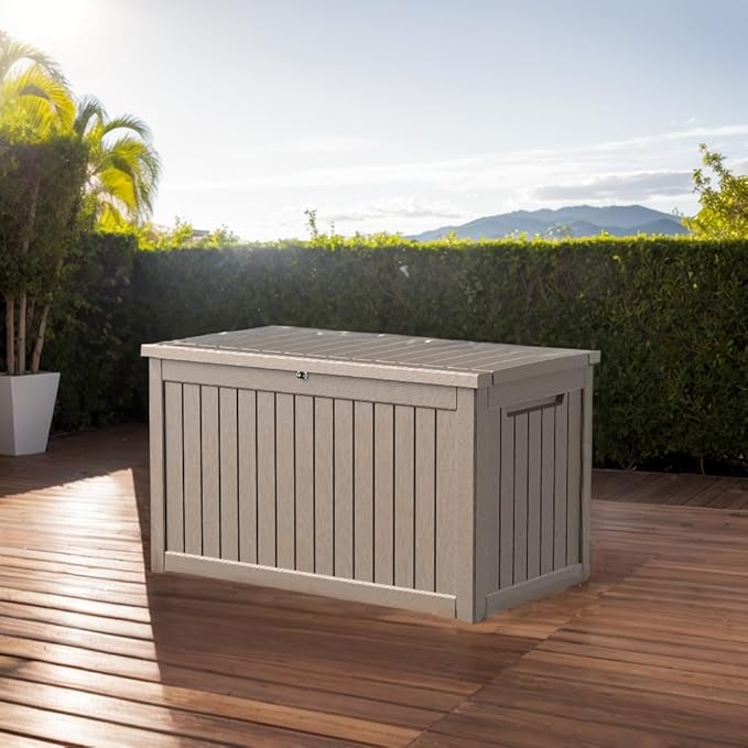 Waterproof Outdoor Resin Deck Box with Lockable Lid, Easy Assembly Features and Convenient Handles For Cushion, Pillows and other Patio Furniture (200 Gallon Grey)
