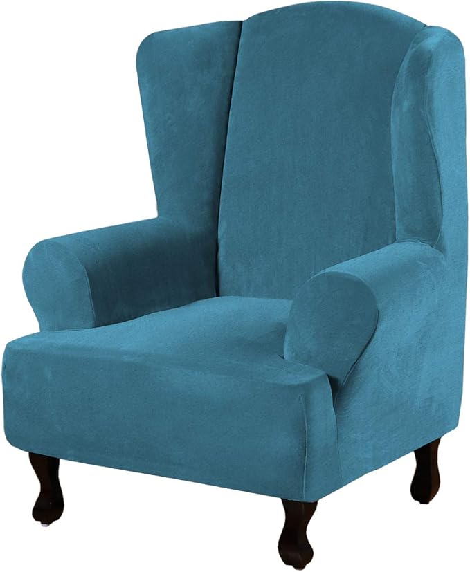 H.VERSAILTEX Wingback Chair Covers Velvet Plush Wing Chair Slipcover 1 Piece High Stretch Wing Back Chair Slipcovers Sofa Cover Furniture Cover with Elastic Bottom, Peacock Blue