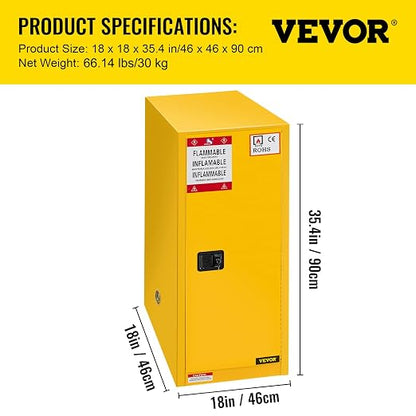 VEVOR Flammable Cabinet, 18" x 18" x 35", Yellow | Galvanized Steel, Safety Cabinet, Adjustable Shelf, Commercial, Industrial, Home Use