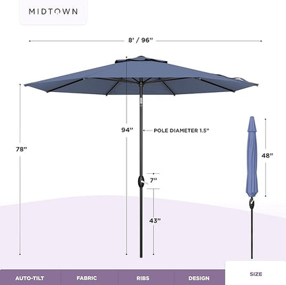 Midtown Umbrellas 10-Year-No-Fade - 8 Ft - UV Proof Light Navy Polyester Fabric - Umbrella Outdoor Patio, Auto-Tilt Aluminum Frame Patio Umbrella for Garden, Pool & Deck - Black Pole
