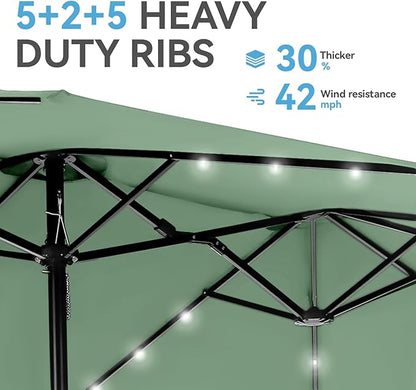 GREEN PARTY 15 ft Large Outdoor Patio Umbrella with Solar Led Lights & Base Included, Double-Sided Rectangular Table Umbrella with Stand, Market Umbrellas for Deck Poolside Garden Backyard, Mint Green