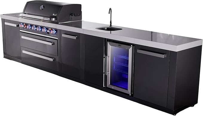 Mont Alpi Premium 157" Black Stainless Steel Outdoor Kitchen Island with Refrigerator + Beverage Center Faucet & Sink + 44"W 6-Burner BBQ Gas Grill + Granite Countertops + Storage Cabinets & Drawers