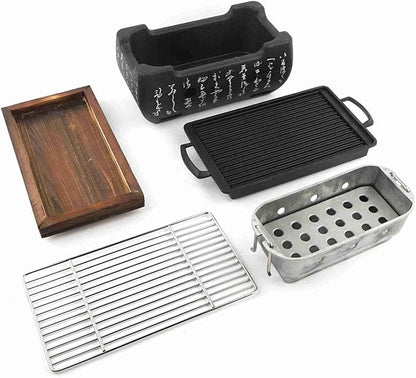 Japanese BBQ Grill Portable Charcoal Stove, Stainless Steel Grilling Net with Insulated Wooden Tray, Small Hibachi Yakitori Grill for Indoor Outdoor Barbecue