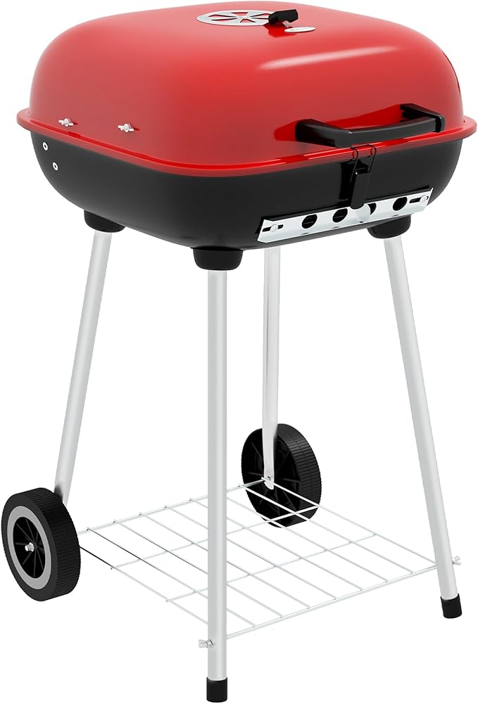 Portable Charcoal Grill with Bottom Shelf, BBQ Smoker with Wheels and Adjustable Vents on Lid for Picnic Camping Backyard Cooking, Black