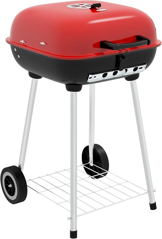 Portable Charcoal Grill with Bottom Shelf, BBQ Smoker with Wheels and Adjustable Vents on Lid for Picnic Camping Backyard Cooking, Black