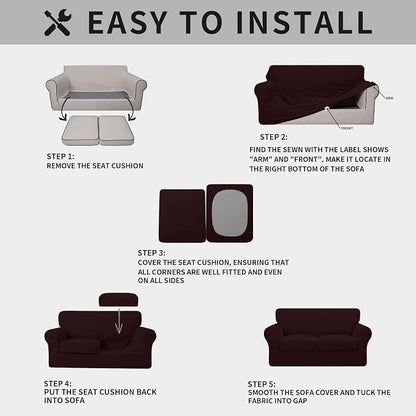 ISSUNTEX 3 Pieces High Stretch Thicken Loveseat Couch Covers, Soft Sofa Slipcover for 2 Separate Cushion Couch, Jacquard Fabric Elastic Sofa Cover Furniture Protector for Dogs (Loveseat, Wine)