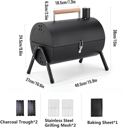 Charcoal Grill, Smoker Barbecue Grill, 2 In 1 Outdoor BBQ Grill, Large Double-sided Grilling Area With Beech Wood Handles, Barbeque Grill With Stainless Steel Grill And Baking Tray, For Camping Picnic