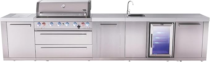 Mont Alpi Premium 157"W Stainless Steel Outdoor Kitchen Island with Refrigerator + Beverage Center Faucet & Sink + 44"W 6-Burner BBQ Gas Grill + White Granite Countertops + Storage Cabinets & Drawers