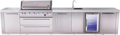 Mont Alpi Premium 157"W Stainless Steel Outdoor Kitchen Island with Refrigerator + Beverage Center Faucet & Sink + 44"W 6-Burner BBQ Gas Grill + White Granite Countertops + Storage Cabinets & Drawers