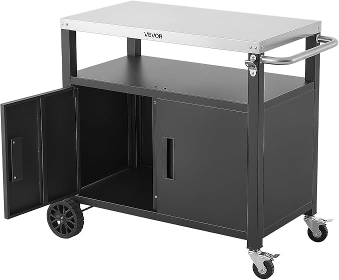 VEVOR Outdoor Grill Cart with Storage Cabinet, 36.4 Inch Grill Table, Waterproof Kitchen Island with Stainless Steel Top, Shelf, and Wheels, Movable Food Prep Station for Patio Bar Backyard BBQ