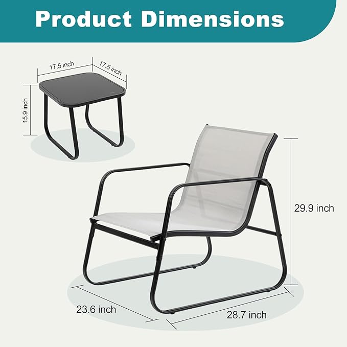 DUMOS 3 Piece Patio Furniture Set，Outdoor Patio Furniture Set with Table and Chairs, Patio Sectional Bistro Sets for Lawn, Garden, Balcony, Poolside Gray