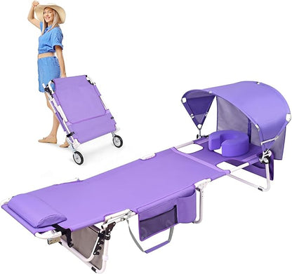 Wheel-To-Go Oversized Tanning Chair with Face Hole & Wheels | Portable Heavy Duty Folding Lounge Chair | Outside Sunbathing Reading Relaxing Beach Poolside Lawn | XL Wide | 330 LBS (Patent Design)