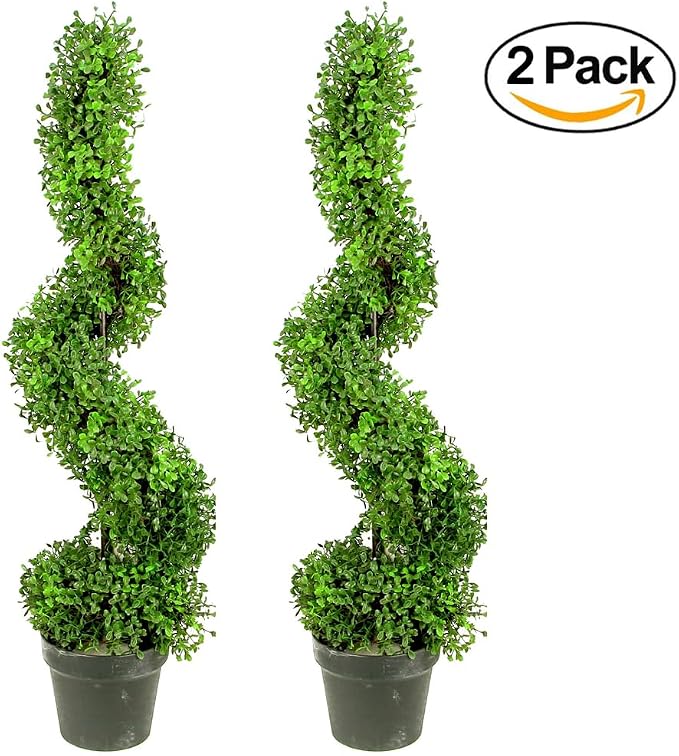 Admired By Nature 36" Artificial Boxwood Spiral Topiary Tree in Plastic Plant Pot - For Home Decor, Indoor, Outdoor, Crafts, Offices - Set of 2, Green