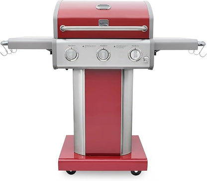 Kenmore 3-Burner Outdoor BBQ Grill | Liquid Propane Barbecue Gas Grill with Folding Sides, PG-A4030400LD-RD, Pedestal Grill with Wheels, 30000 BTU, Red