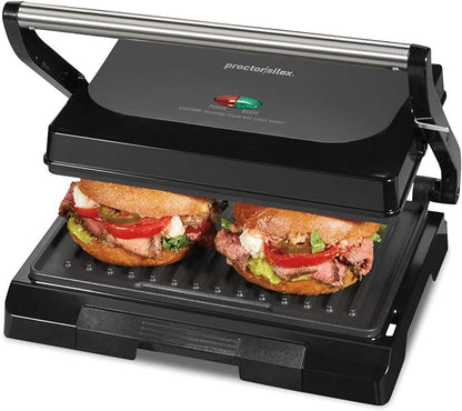 Proctor Silex Panini Press Sandwich Maker Grill & Electric Indoor Grill | 70 sq. in. Cooking Surface | Easy-Clean PFAS-Free Nonstick Grids | Compact Upright Storage | Indicator Lights | Black