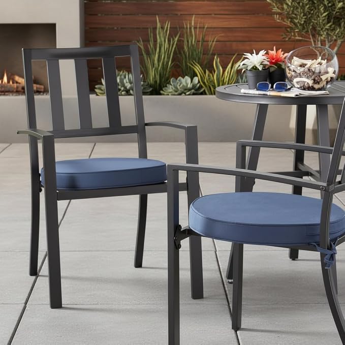 Set of 2 Outdoor 18 inch Round Patio Dining Chair Pads – Comfortable Fiber-Filled Seat Cushions with Ties, Reversible Polyester Fabric - Navy
