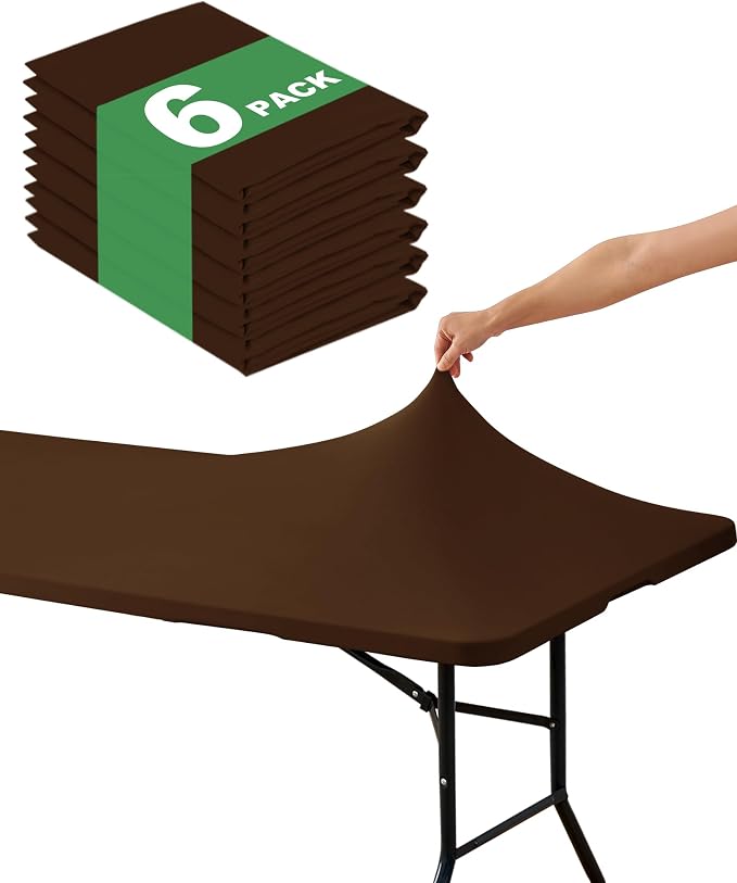 Fitted Tablecloth Rectangle Table Cloths with Elastic, 6 ft, Brown, 6 Pack | For Outdoor Picnic Camping Party 6 foot Folding Spandex Table Covers, Water-Resistant, Windproof, Reusable, 72"L x 30"W