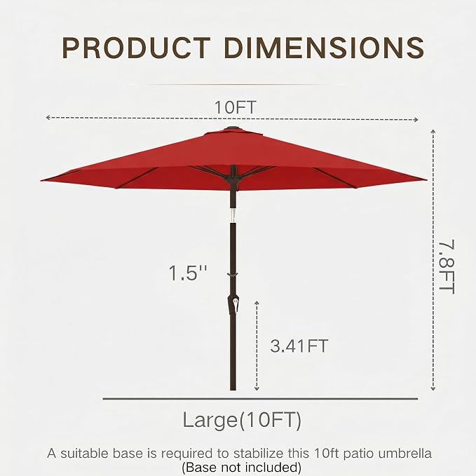 Kingdura 10FT Outdoor Patio Umbrella, Round Market Table Umbrella with Push‑Button Tilt and Crank Lift, 8 Sturdy Metal Ribs, UV50+ Protection Canopy for Backyard, Lawn, Deck, Poolside, Garden (Red)