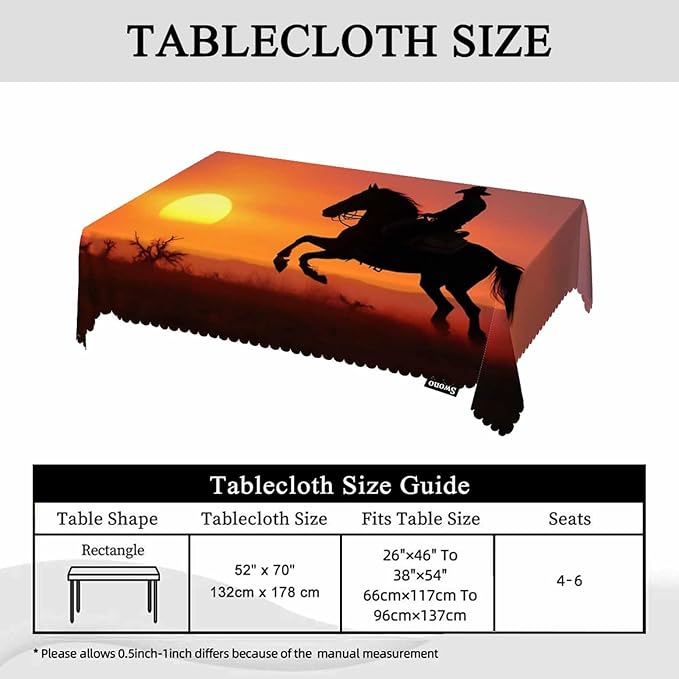 Swono Rectangle Tablecloth Cowboy Table Cover 52x70 Inch Western Cowboy Horse Sunset Ranch Heavy Duty Table Cloth for Rectangle Tables Decorative Tablecloth for Dining Party Camping BBQ