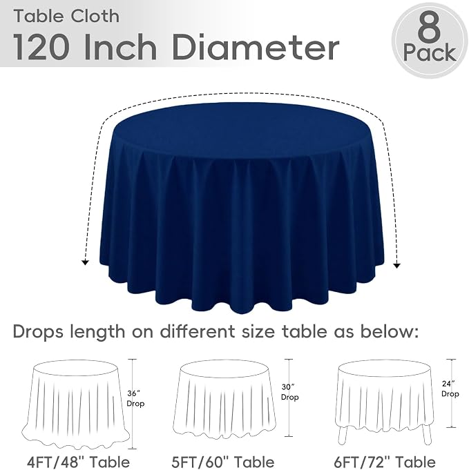 8 Pack Navy Blue Round Tablecloth 120 Inch | For 4Ft-7Ft Round Table, Wrinkle Resistant Table Cloth, Washable Polyester Fabric, For Wedding Party Banquet Buffet Camping