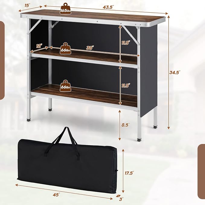 Giantex Portable Bar Table for Events, Folding Mobile Bartending Station with Storage Shelves, Removable Privacy Skirt, Carrying Case, for Parties, Catering, Trade Shows (Coffee, 43.5''L x 34.5''H)