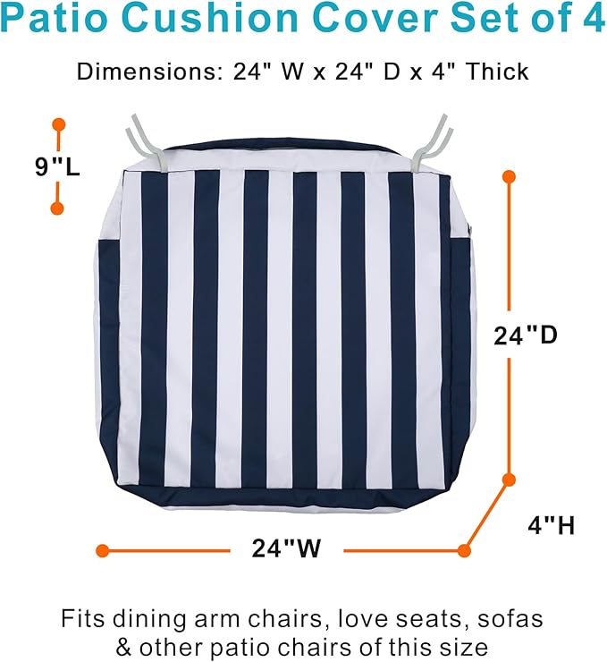NettyPro Outdoor Cushion Covers 24 x 24 inch Water Repellent UV Resistant Patio Furniture Chair Seat Cushion Slipcover with Zipper and Tie, Stripes Black and White