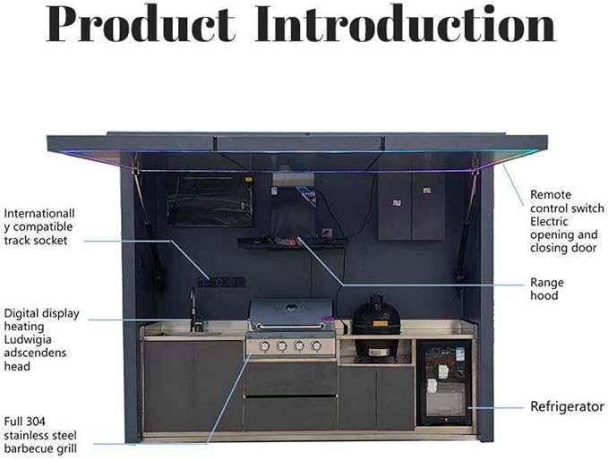 Modular Outdoor Kitchen, Stainless Steel BBQ Kitchen Island with Integrated Grill, Oven, Refrigerator and Washing Sink, Automatic Lift Door & LED Lights for Patio Backyard Outdoor Entertaining