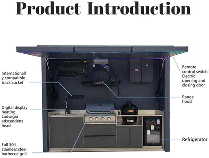 Modular Outdoor Kitchen, Stainless Steel BBQ Kitchen Island with Integrated Grill, Oven, Refrigerator and Washing Sink, Automatic Lift Door & LED Lights for Patio Backyard Outdoor Entertaining