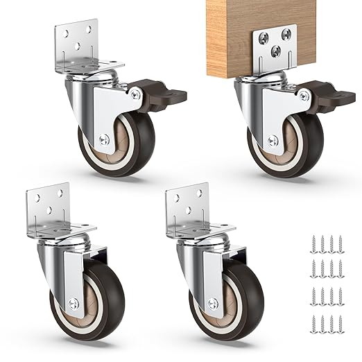 Four caster wheel casters with metal mounting brackets, black rubber wheels, and a wood block shown for scale, plus a set of mounting screws on a white background.