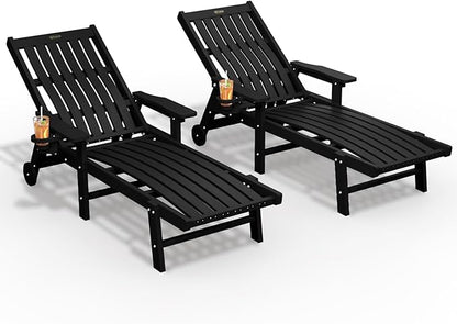 THOEOE Patio Chaise Lounge Chair Set of 2, Oversized Lounge Chair Outdoor with 5 Positions, 78″ Long, HDPE, Patio Lounge Chair with Wheels & Cup Holder for Pool, Deck, Poolside,Black