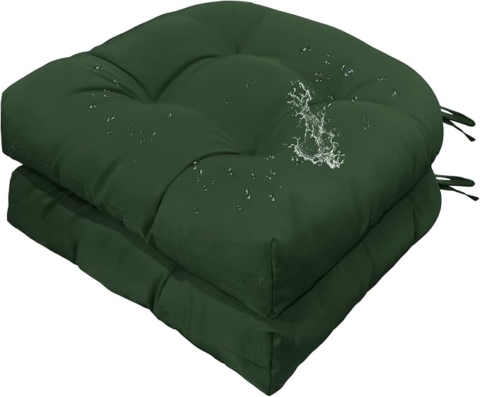 Gnostik 2 Pack Outdoor Wicker Chair Cushions Dark Green Waterproof Rocking Chair Cushion U Shaped Patio Replacement Cushions with Ties for Porch, Garden,18.6" x 18.6"