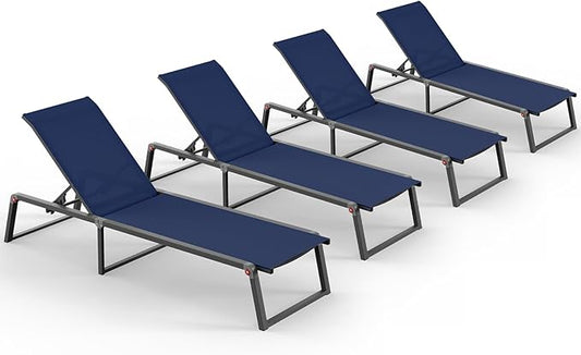 Aluminum Chaise Lounge Chair Outdoor, Foldable& No Assembly Patio Pool Lounge Chairs 5-Position Recliner for Outside, Fully Grounded Legs Sun Lounger for Poolside, 4 Packs, Navy Blue