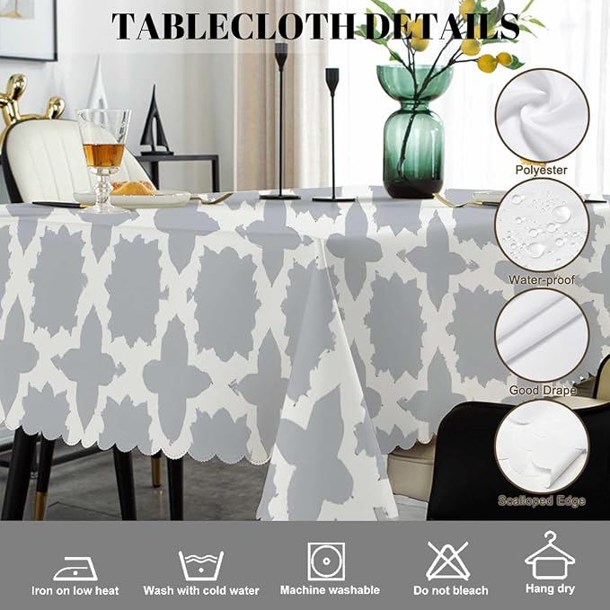 Swono Moroccan Gray White Table Covers 52x70 Inch Modern Geometric Quatrefoil Wipeable Tablecloth Kitchen Dinning Tabletop Decoration, Table Cloth for Outdoor and Indoor Use