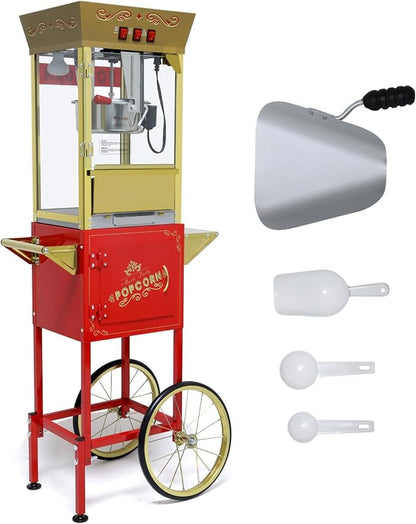 12Oz Nostalgia Popcorn Maker Machine Professional Cart, Vintage Popcorn Machine with 4 Cups & 1 Scoop, Movie Theater Style, Red