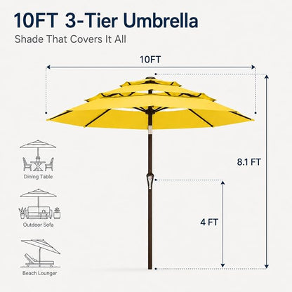 10ft Patio Umbrella, 3-Tier Vented Outdoor Table Umbrella with 8 Sturdy Fiberglass Ribs, Windproof Market Umbrella with Push Button Tilt and Crank, UV Protection for Deck, Pool, Sunshine Yellow