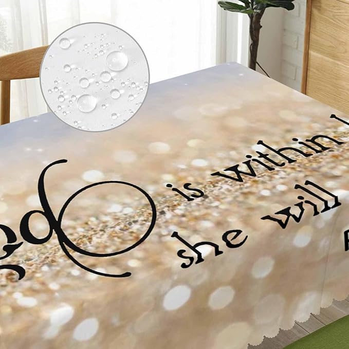 Bible Verse Decorative Table Cover for Kitchen, Oblong Tablecloth God is Within Her She Will Not Fall Dining Table Cloth Tabletop Tablecloths for BBQ Picnic Coffee 52"X70", Gold Sparkle