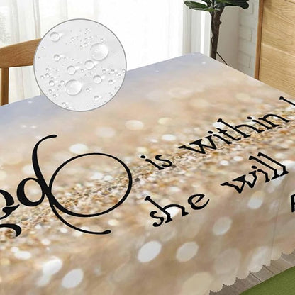 Bible Verse Decorative Table Cover for Kitchen, Oblong Tablecloth God is Within Her She Will Not Fall Dining Table Cloth Tabletop Tablecloths for BBQ Picnic Coffee 52"X70", Gold Sparkle