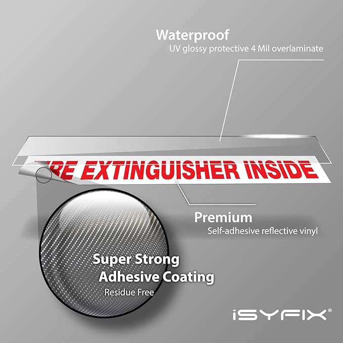 iSYFIX Fire Extinguisher Inside Sticker Sign – 5 Pack 9x1.7 Inch – Self-Adhesive Reflective Vinyl Decals, Laminated UV, Weather, Scratch, Fade Resistance, for Cars, Trucks, Trailers & Vehicles