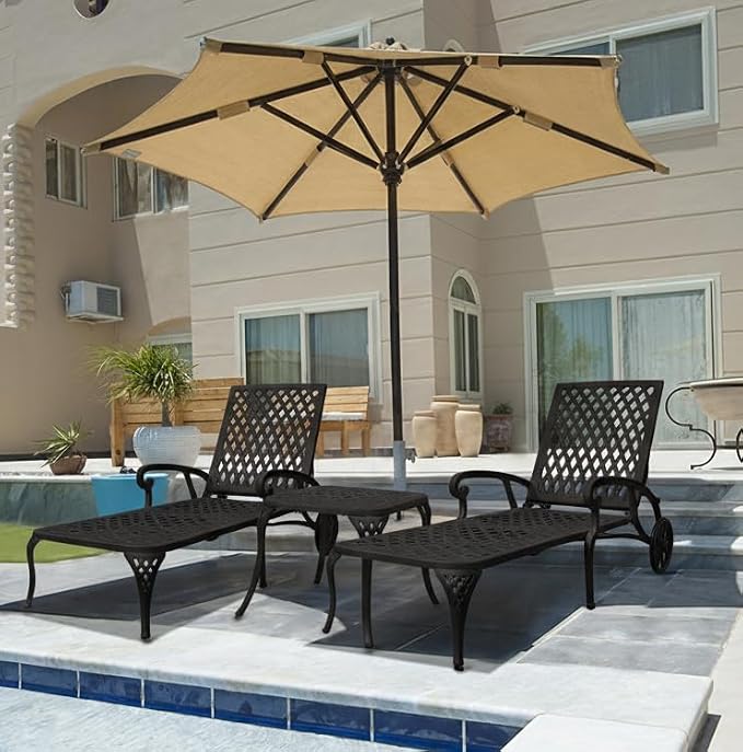 KEIKI Chaise Lounge Chair Outdoor Set of 2, Aluminium Cast Patio Chaise Lounge with Adjustable Backrest and Moveable Wheels, 3 Pieces Outside Tanning Chair, Brown and Brown (Side Table Not Included)