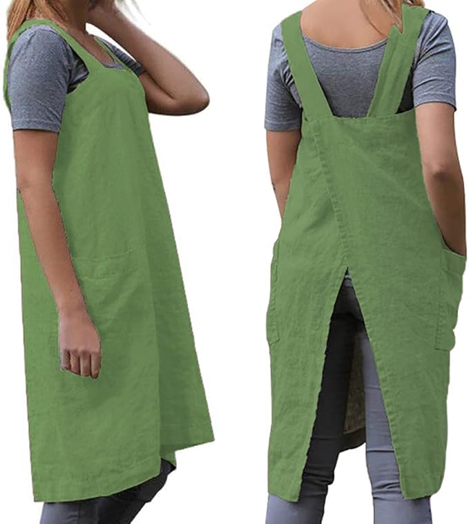 TBA Cotton Linen Apron Cross Back Apron for Women with Big Pockets Square Pinafore Dress for Baking Cooking BBQ & Grill