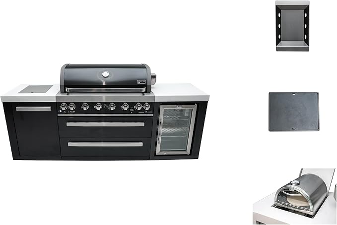 Mont Alpi MAi805-BSSFC-COMBO 44-Inch 6-Burner 115000 BTU Black Stainless Steel Outdoor Kitchen Island Gas Grill with Fridge, Pizza Oven & Griddle