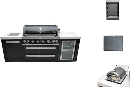 Mont Alpi MAi805-BSSFC-COMBO 44-Inch 6-Burner 115000 BTU Black Stainless Steel Outdoor Kitchen Island Gas Grill with Fridge, Pizza Oven & Griddle
