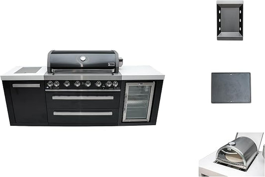 Mont Alpi MAi805-BSSFC-COMBO 44-Inch 6-Burner 115000 BTU Black Stainless Steel Outdoor Kitchen Island Gas Grill with Fridge, Pizza Oven & Griddle