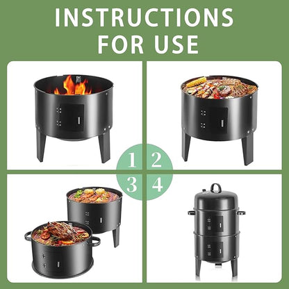 16.5-Inch Vertical Charcoal Smoker, Heavy Duty Round Multi-Layer BBQ Grill with Thermometer for Smoking Meats (Black)