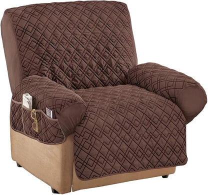Collections Etc Diamond-Shape Quilted Stretch Recliner Cover with Storage Pockets and Elastic Straps - Furniture Protector, Chocolate, Recliner | Chocolate, Recliner, polyester, Storage Pocket