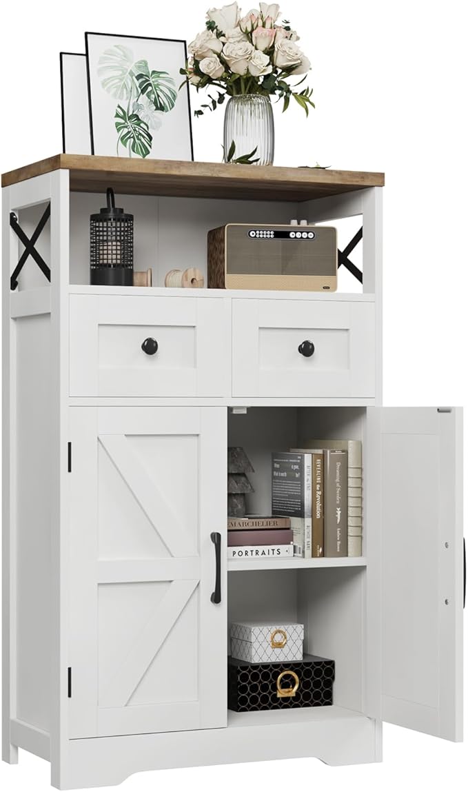 Befrases Farmhouse White Storage Cabinet with Doors and Drawers, Freestanding Kitchen Pantry Cabinet, Floor Storage Cabinet Hutch Cupboard for Kitchen, Living Dining Room, Bathroom