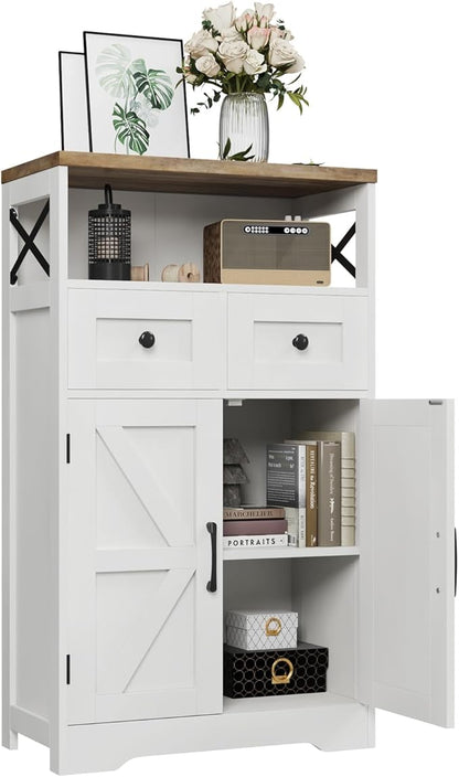 Befrases Farmhouse White Storage Cabinet with Doors and Drawers, Freestanding Kitchen Pantry Cabinet, Floor Storage Cabinet Hutch Cupboard for Kitchen, Living Dining Room, Bathroom