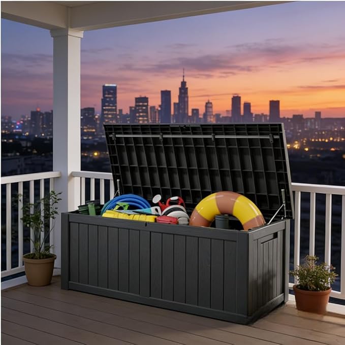 FEFLO 120 Gallon Waterproof Resin Outdoor Storage Box, Lockable & UV Resistant Patio Deck Boxes, Outside Storage for Patio Cushions, Pool Toys, Garden Tools & Package Delivery, Black